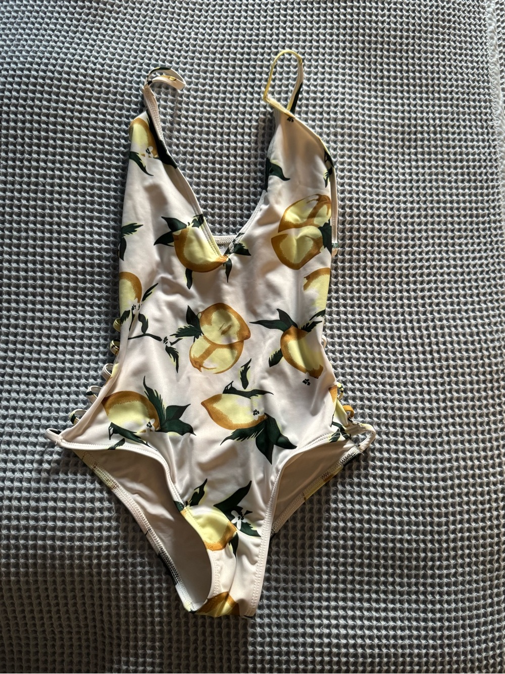 Dippin' Daisy's White One-Piece Swimsuit w/Yellow Lemon Print. Cutout sides